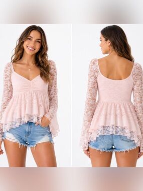 Altar'd State Pink Lace Ruffled Long Sleeve Top Womens XS
